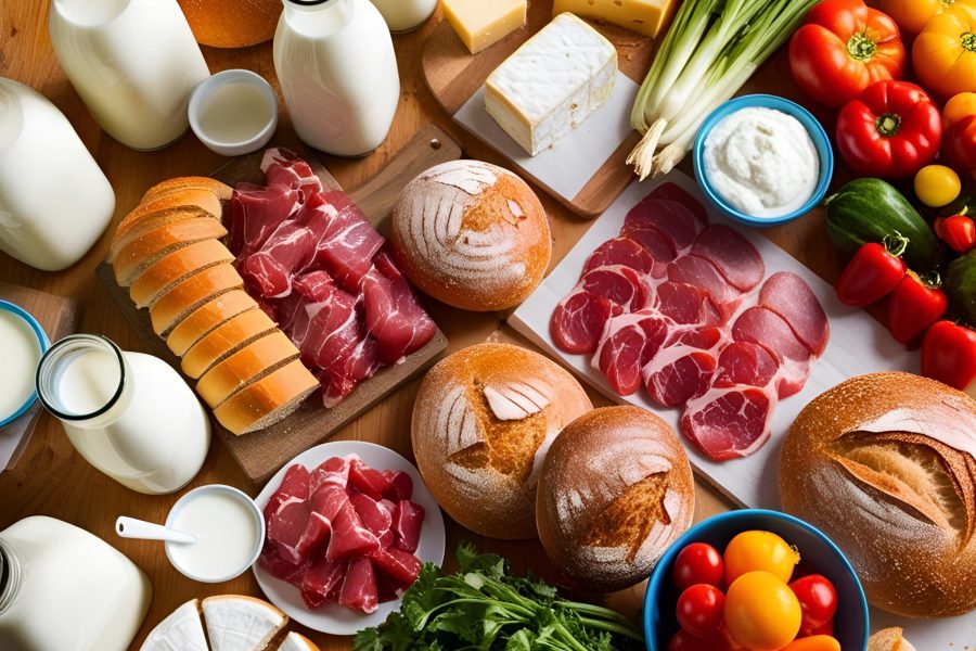milk cheese meat bakery bread vegetables top view milk cheese meat bakery bread vegetables top view