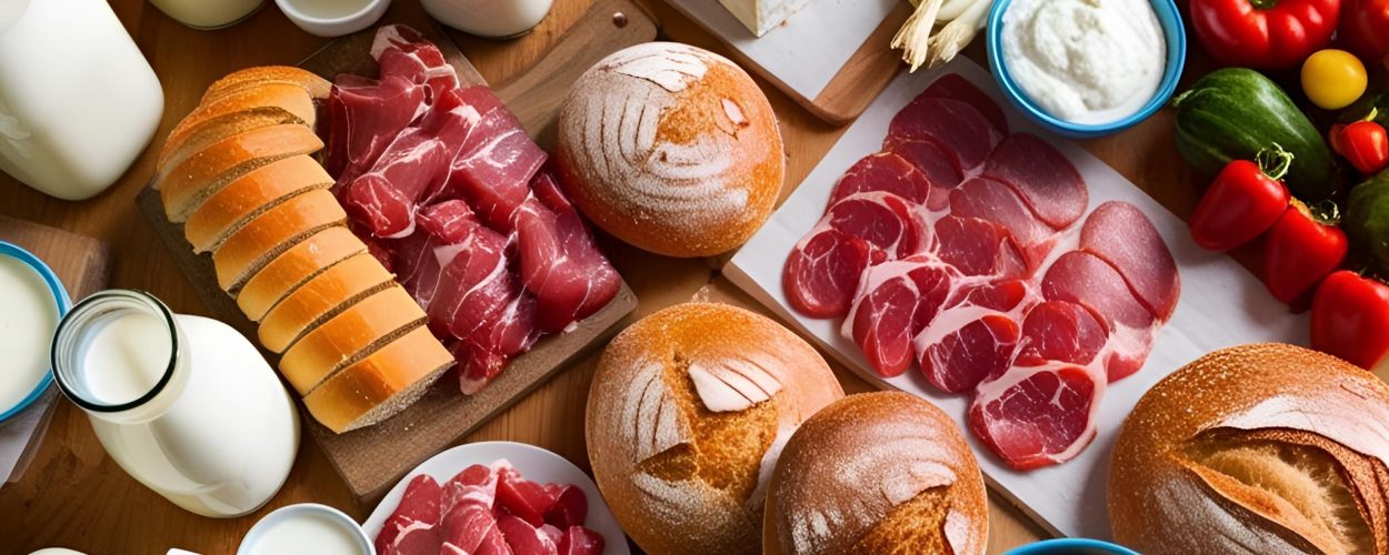milk cheese meat bakery bread vegetables top view